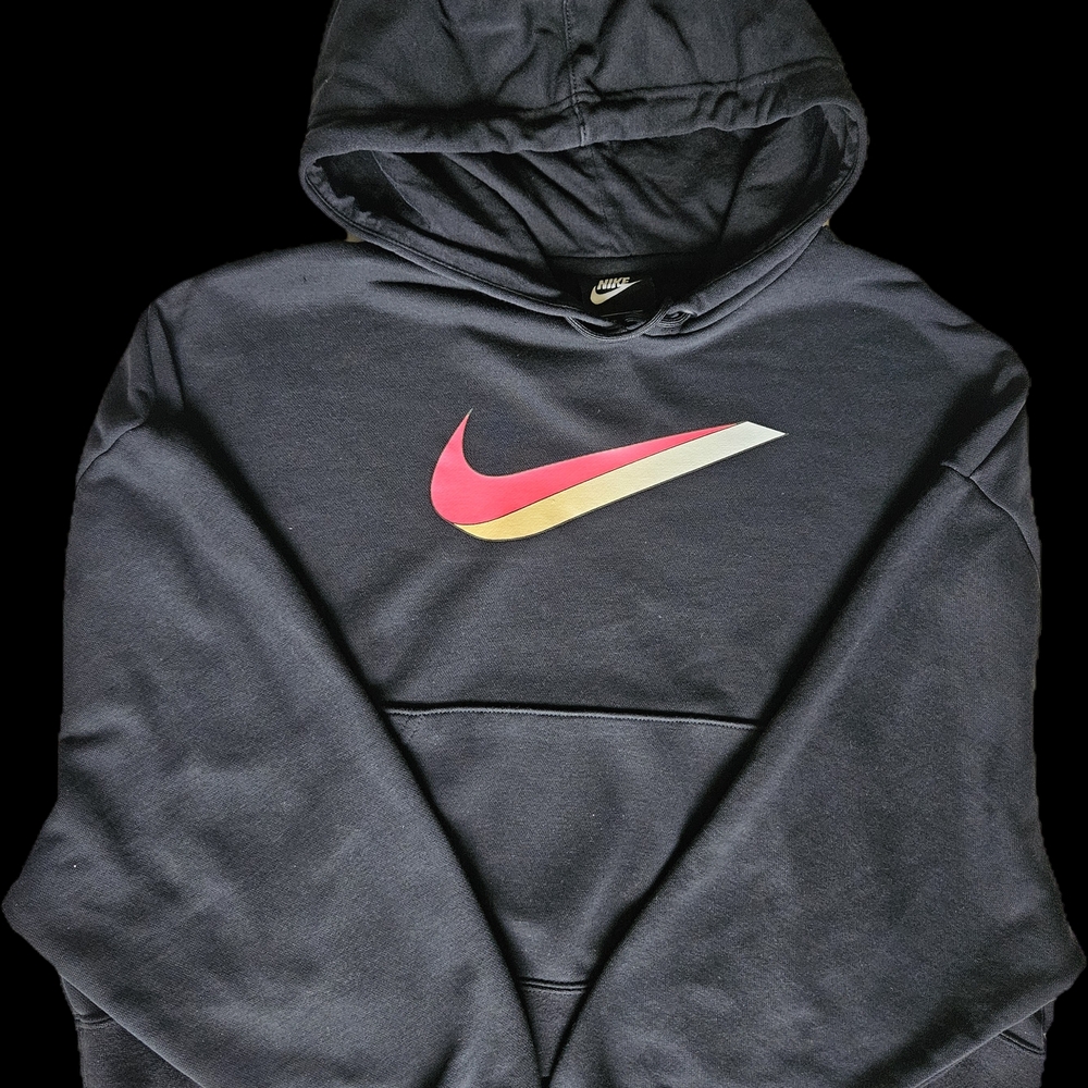 Nike Women's Black Hoodie with Pink and Yellow Swoosh